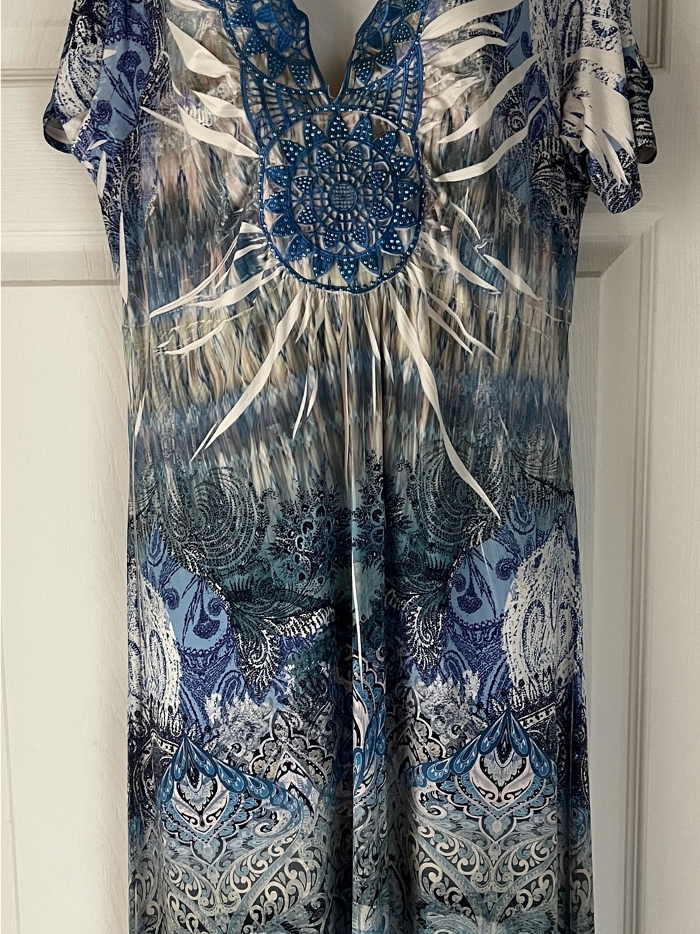 Blue Patterned Cold-Shoulder V-Neck Women's Dress